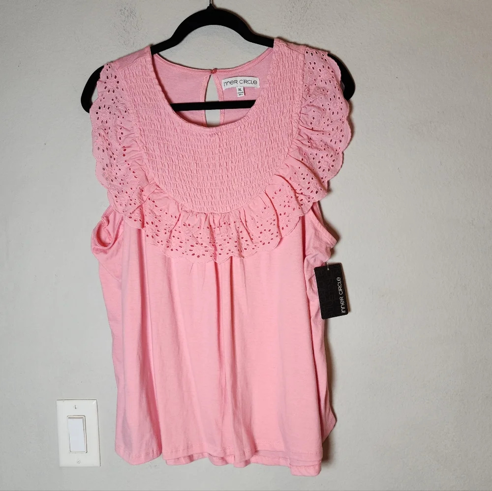 NWT Inner Circle 100% Cotton Pink Smocked Eyelet Sleeveless Top Size XL - Picture 7 of 15